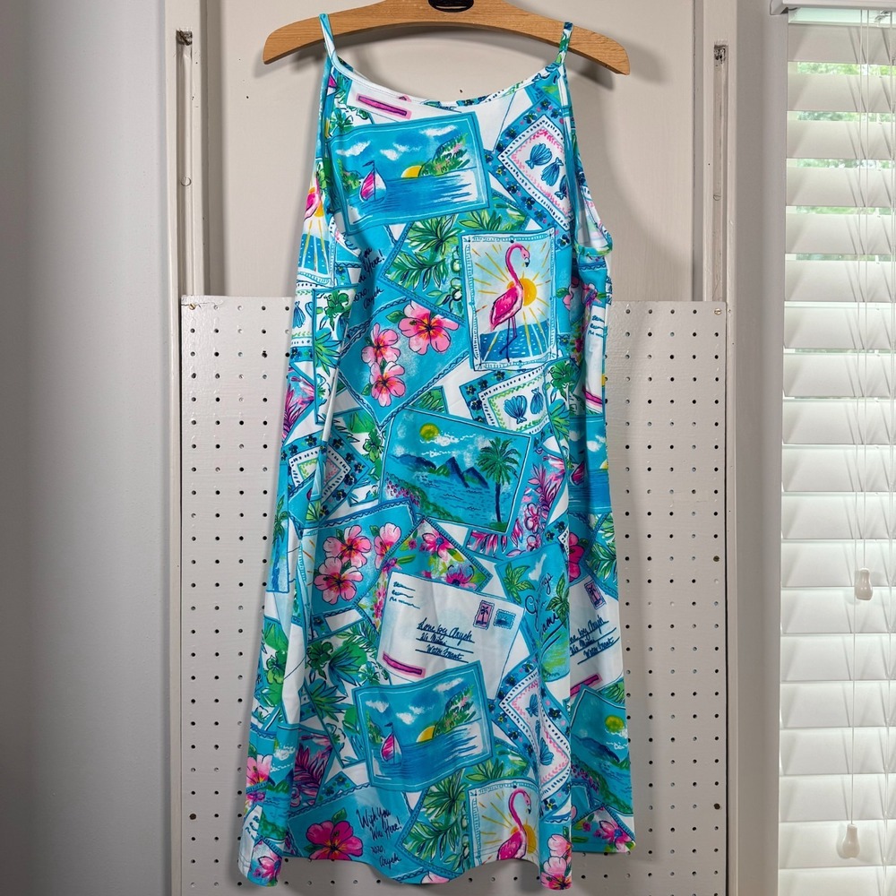 Aryeh Sleeveless Halter Trapeze Dress Tropical Postcards Print Beach Summer XL
